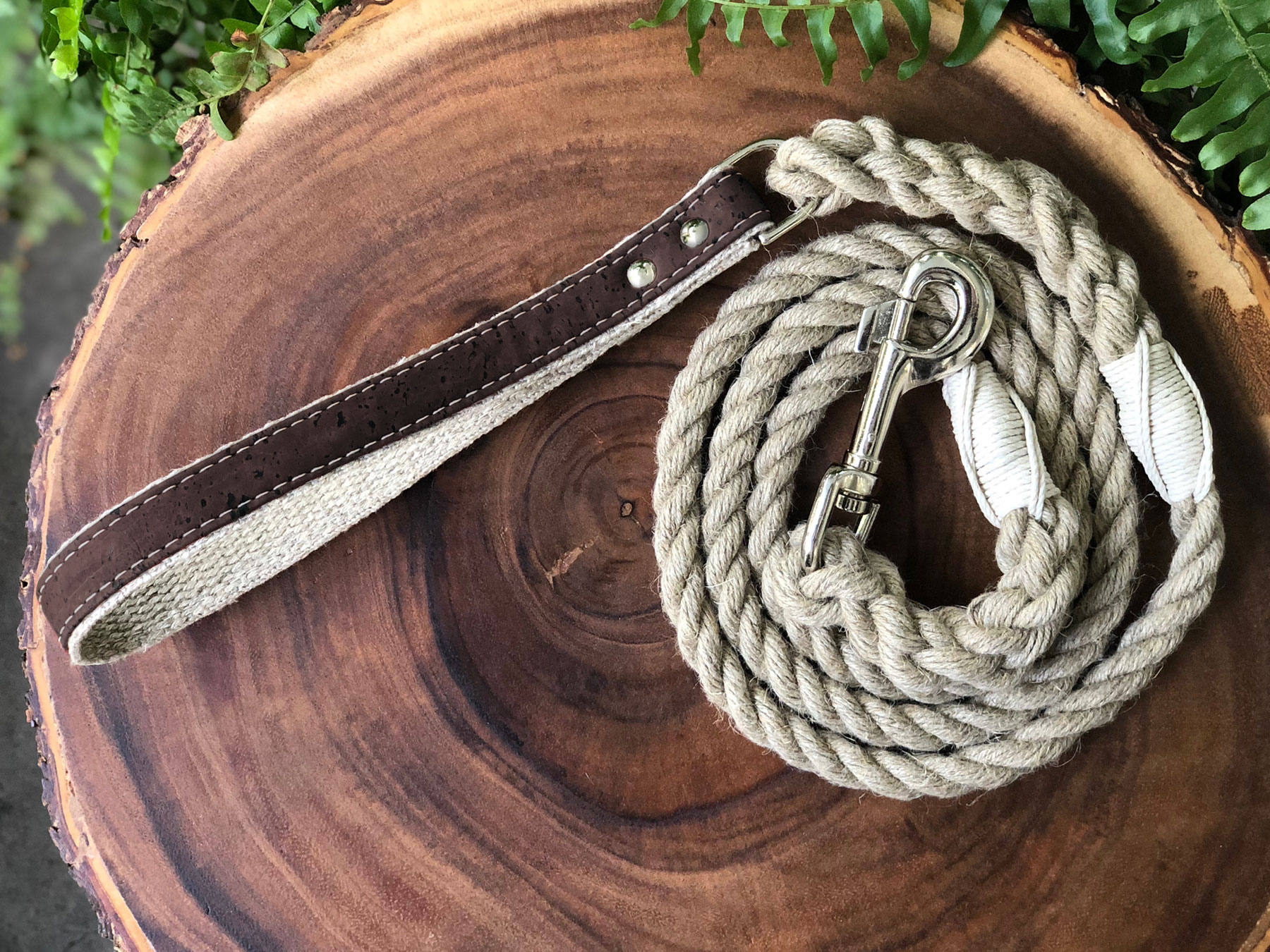 Hemp Rope Dog Leash with Brown Cork Leather Handle