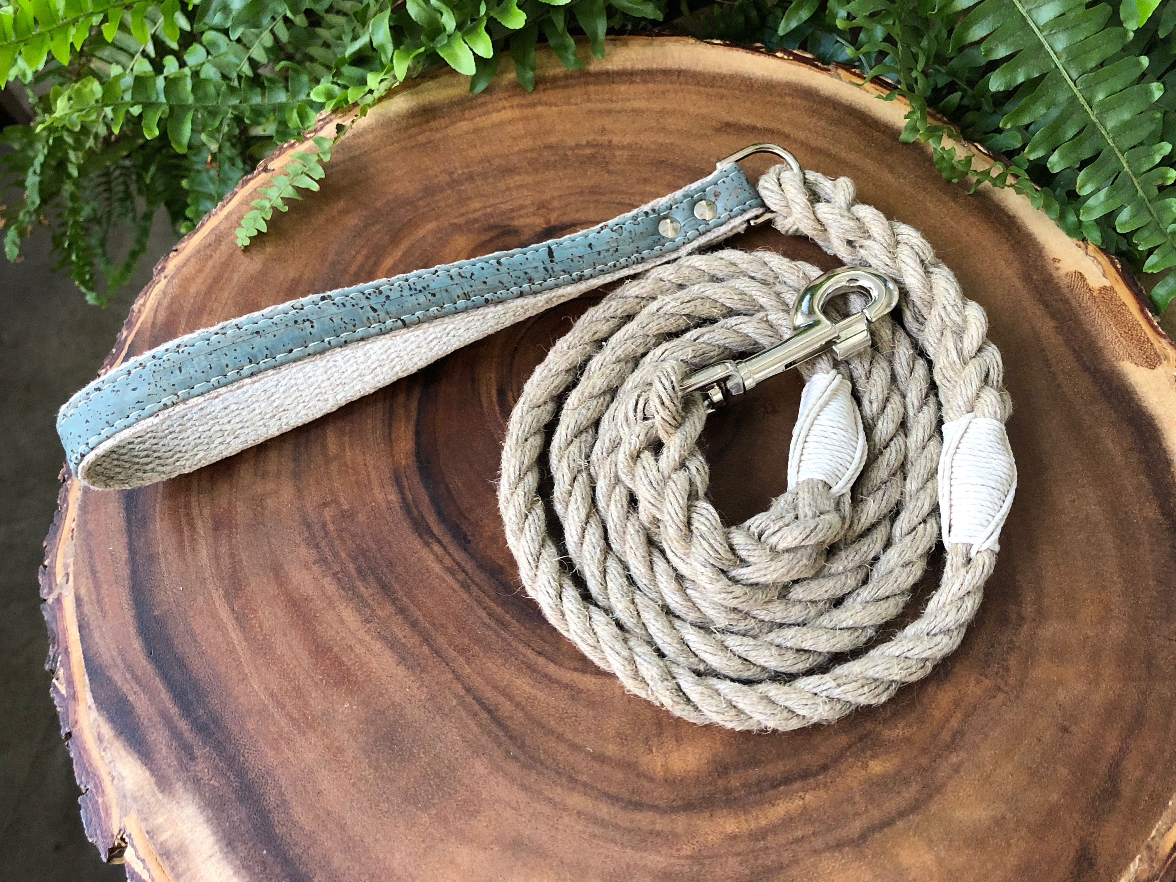 Hemp Rope Dog Leash with Ocean Blue Cork Leather Handle
