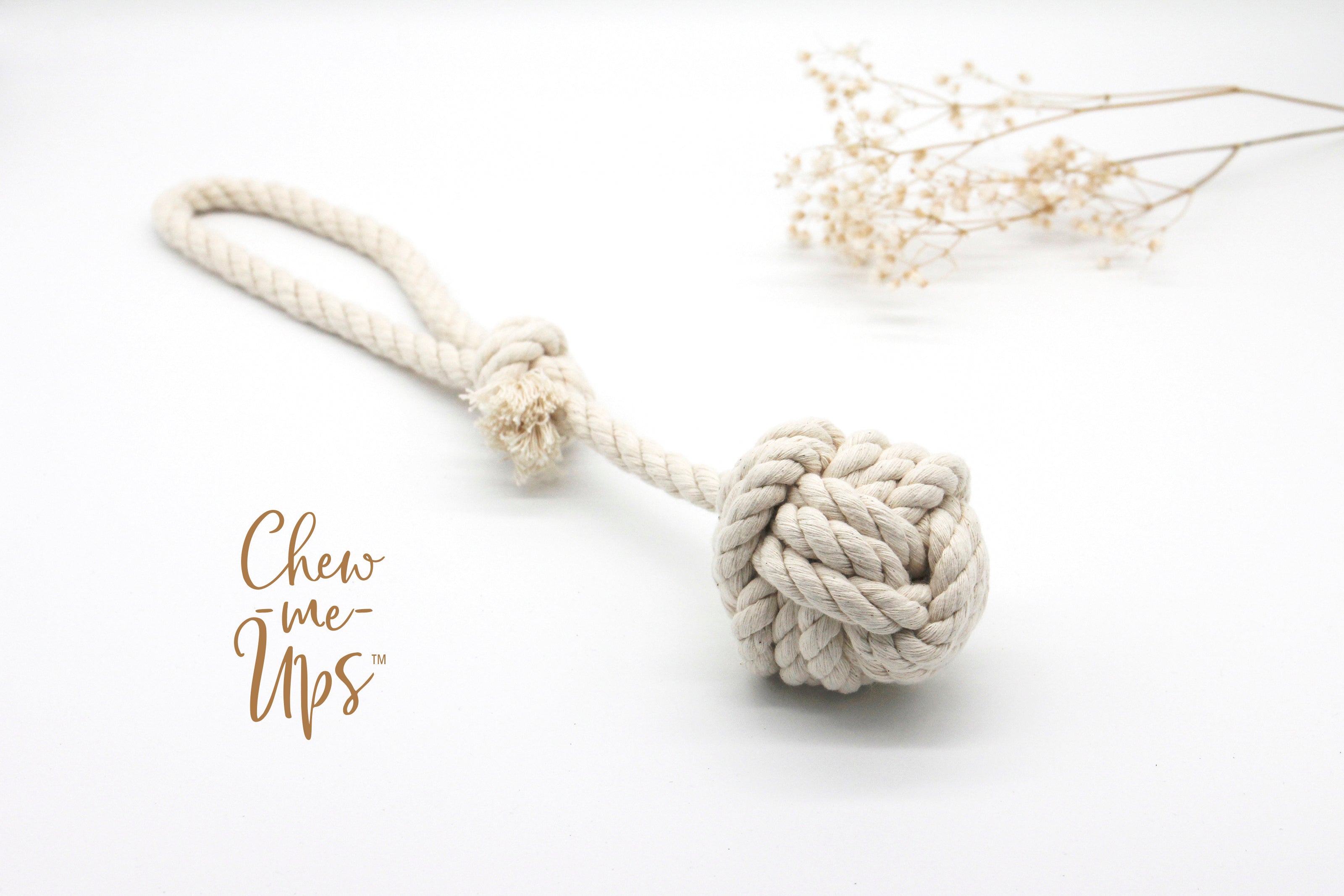 Chew-Me-Ups Natural Cotton Rope Dog Toy, Monkey Fist Knot Ball with Handle