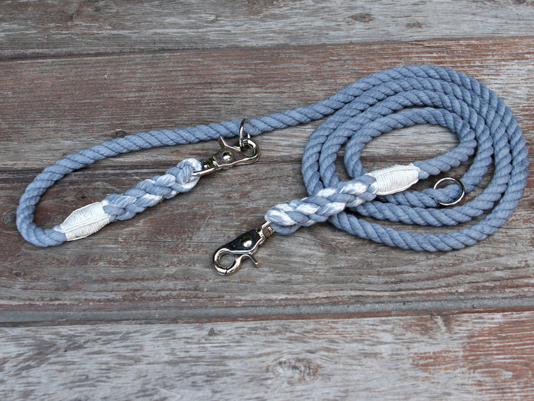 Adjustable Seaside Blue Organic Cotton Rope Dog Leash - Natural Twine