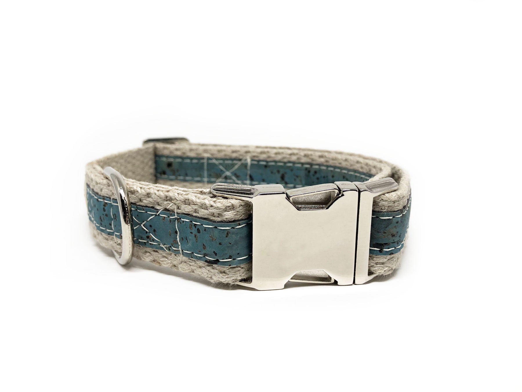 Adventurer Ocean Blue Cork Leather Large Dog Collar, Hemp Webbing