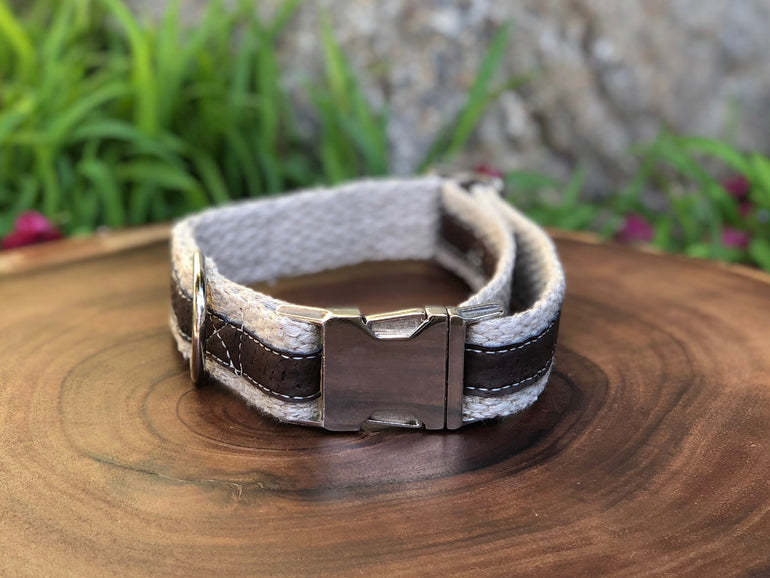 Adventurer Brown Cork Leather Large Dog Collar, Hemp Webbing