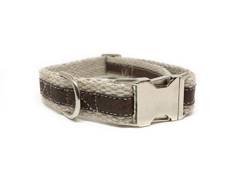 Adventurer Brown Cork Leather Large Dog Collar, Hemp Webbing