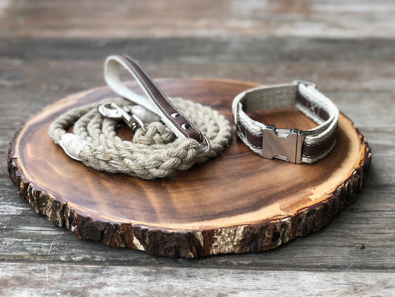 Adventurer Brown Cork Leather Large Dog Collar, Hemp Webbing