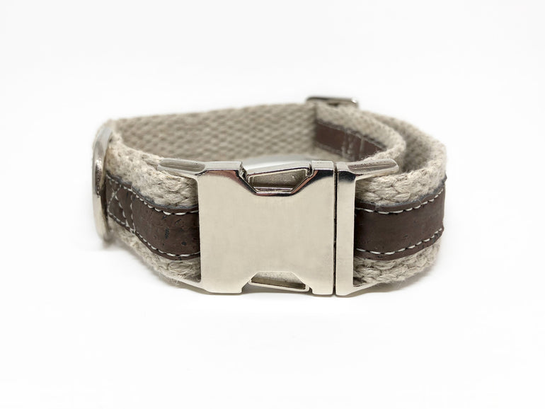 Adventurer Brown Cork Leather Large Dog Collar, Hemp Webbing