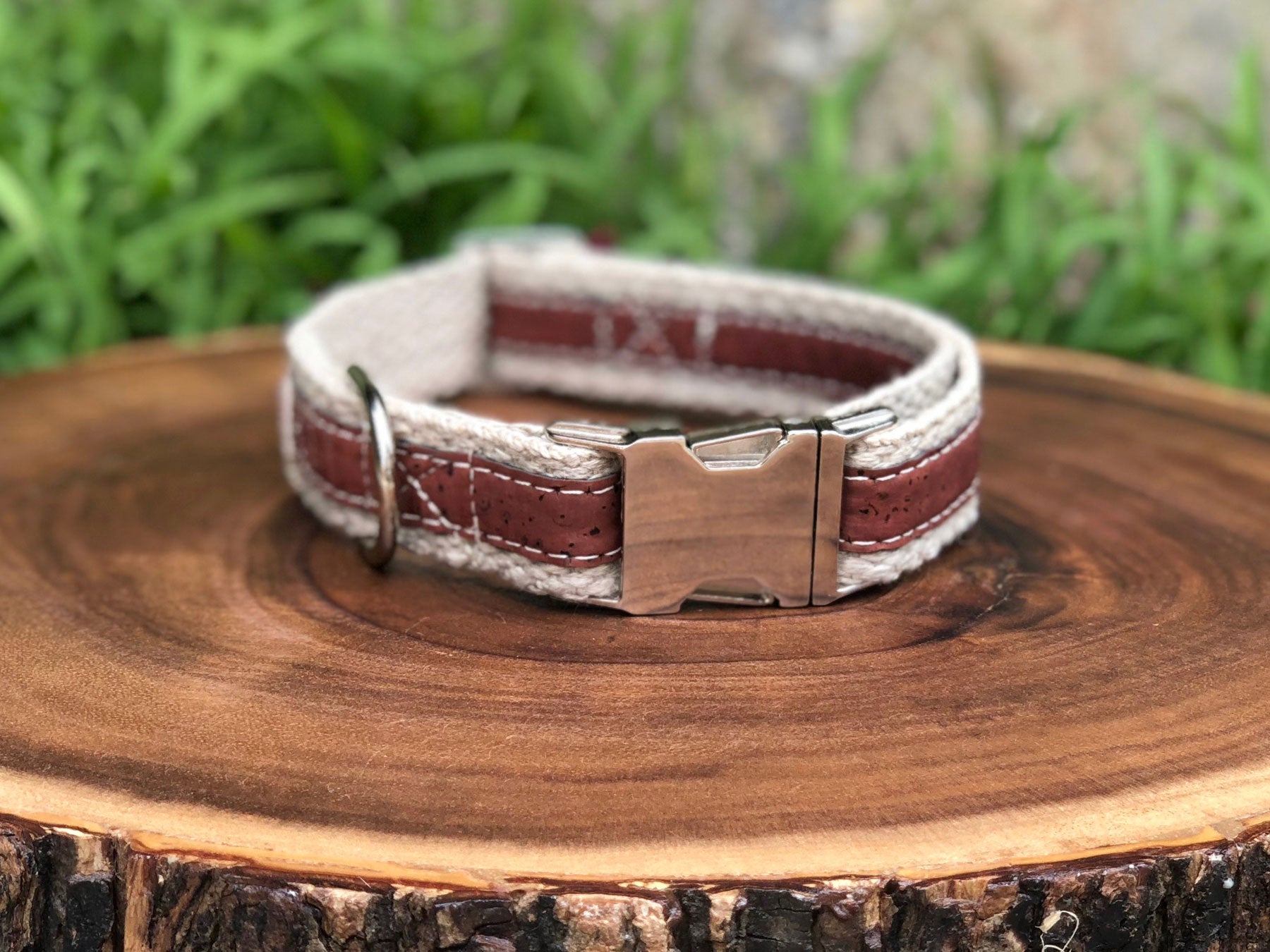 Adventurer Red Cork Leather Dog Collar, Hemp Webbing