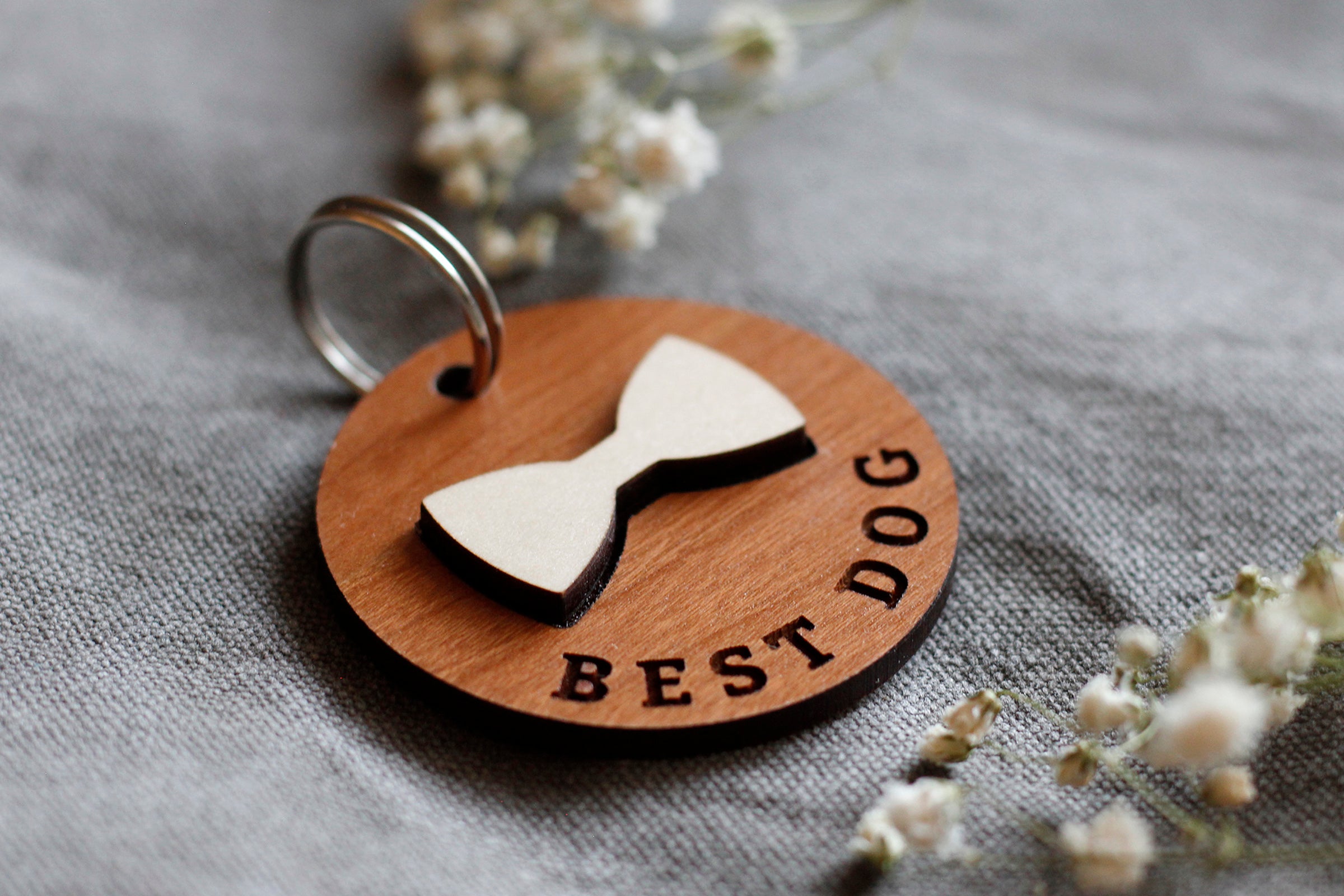 Best Dog - Bow Tie Wooden Round Pet Tag