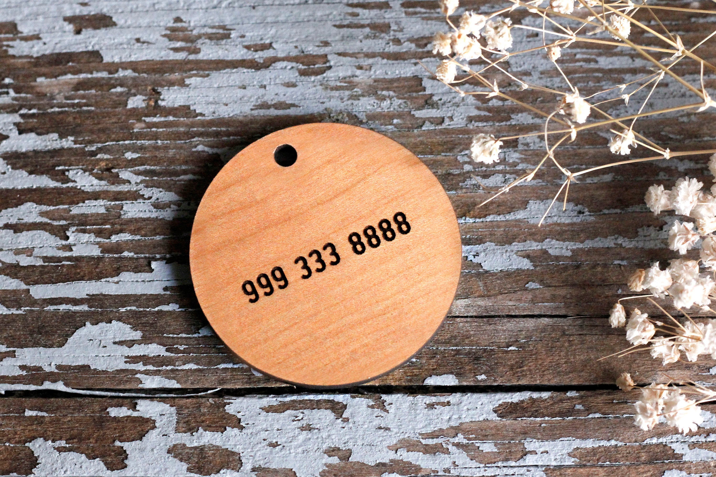 Bow Tie Wooden Round Pet Tag - Phone Number on back