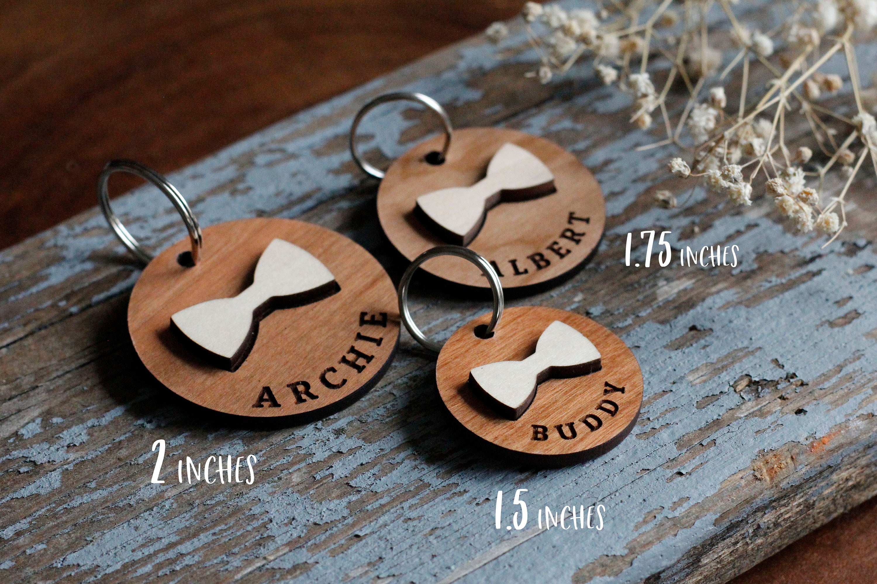 Bow Tie Wooden Round Pet Tag Sizes