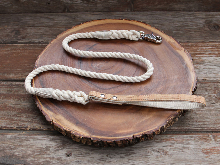 Natural Cotton Rope Dog Leash with Cork Leather Handle