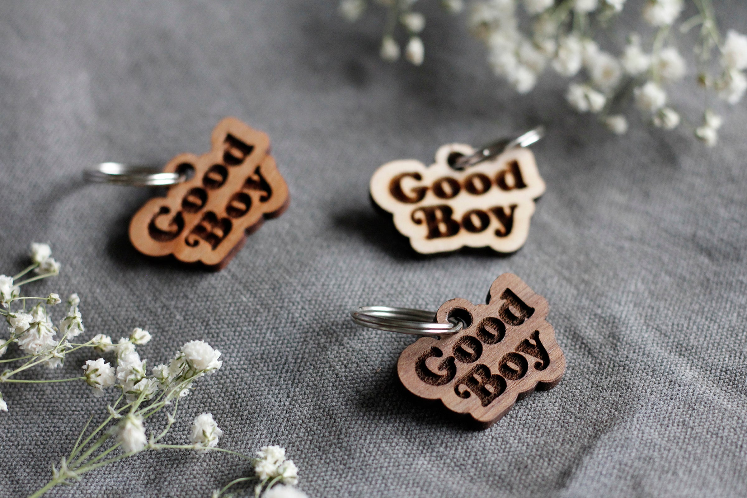 Good Boy Badge Style Engraved Wooden Pet Tag