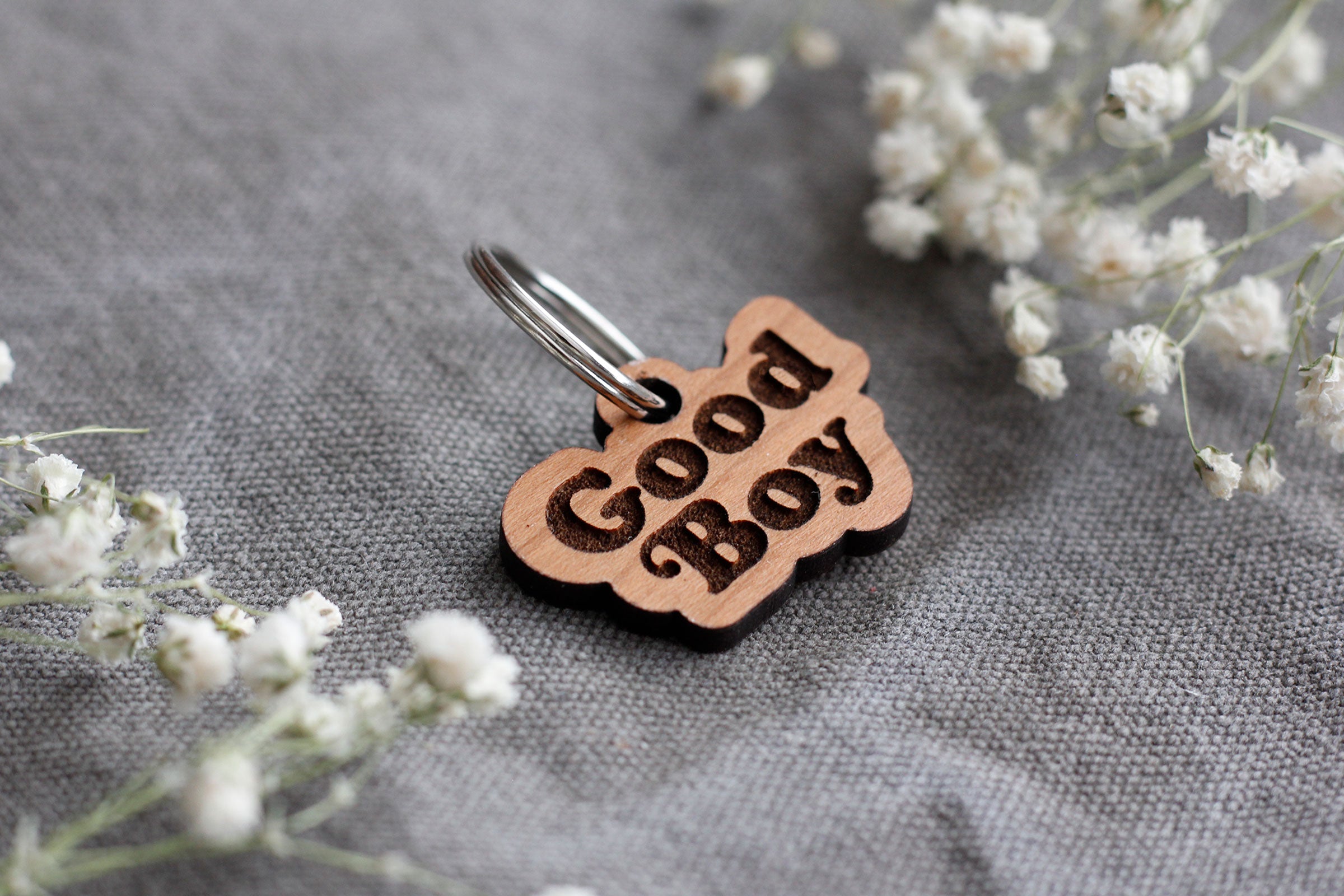 Good Boy Badge Style Engraved Wooden Pet Tag Cherry