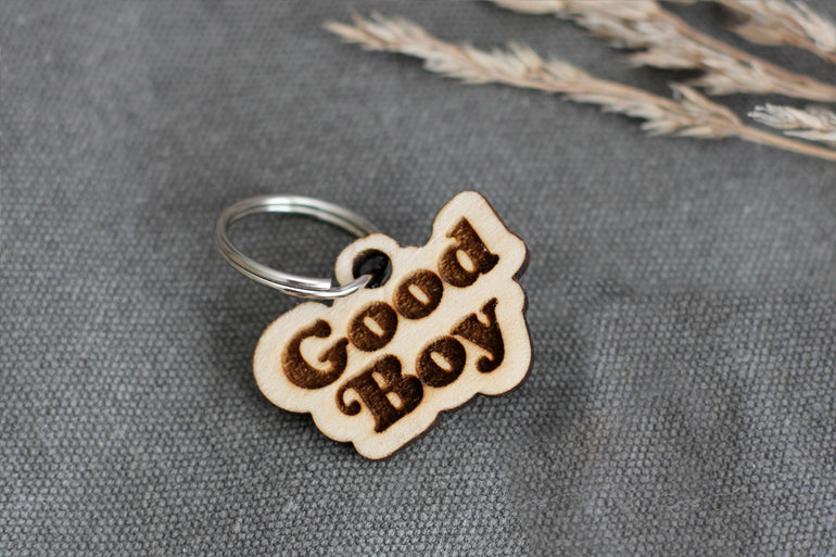 Good Boy Badge Style Engraved Wooden Pet Tag