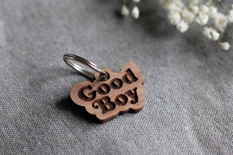 Good Boy Badge Style Engraved Wooden Pet Tag
