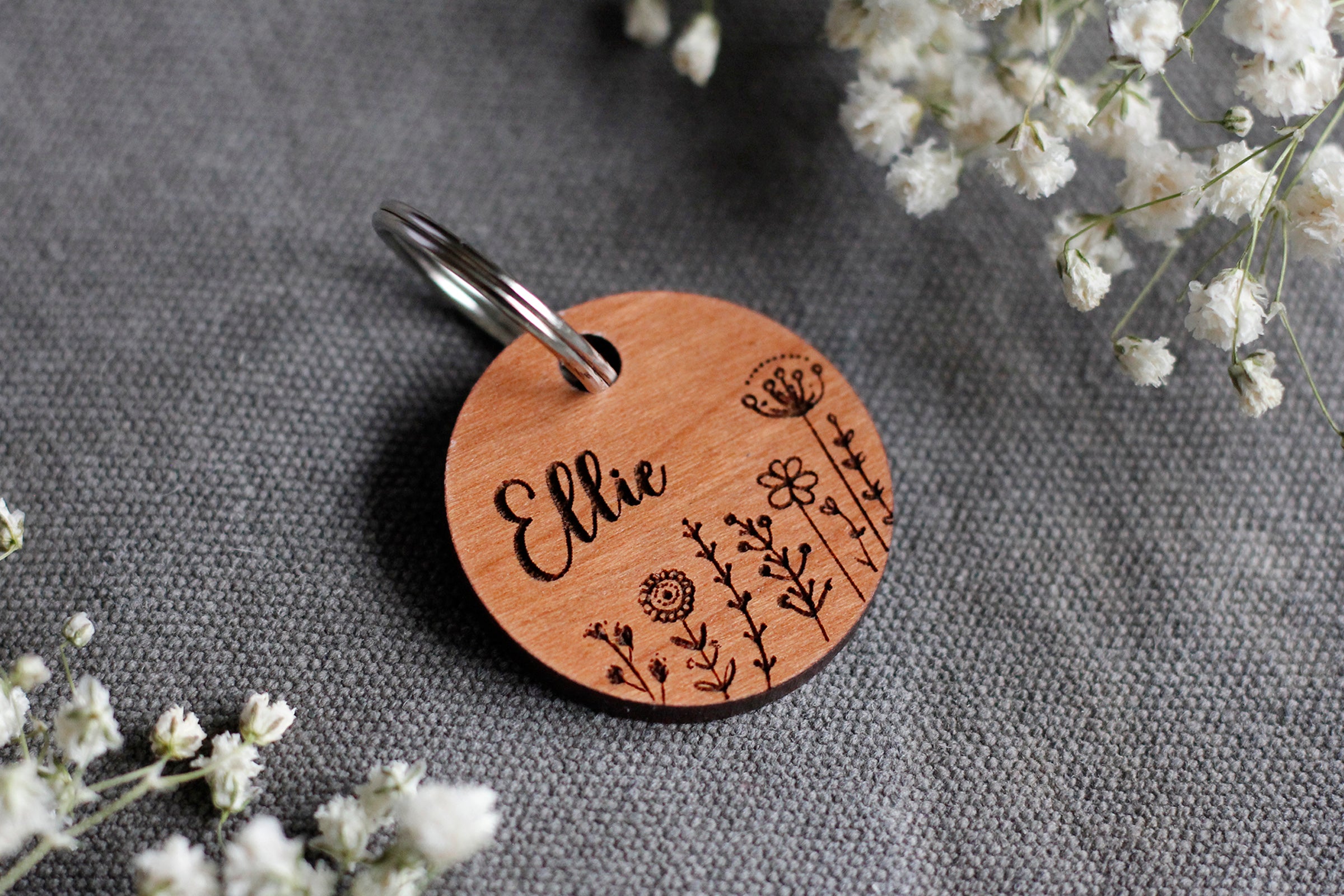 Flowers Wooden Dog ID Tag  FRONT: Engraved Dog Name & Flowers BACK: Your telephone number (optional)