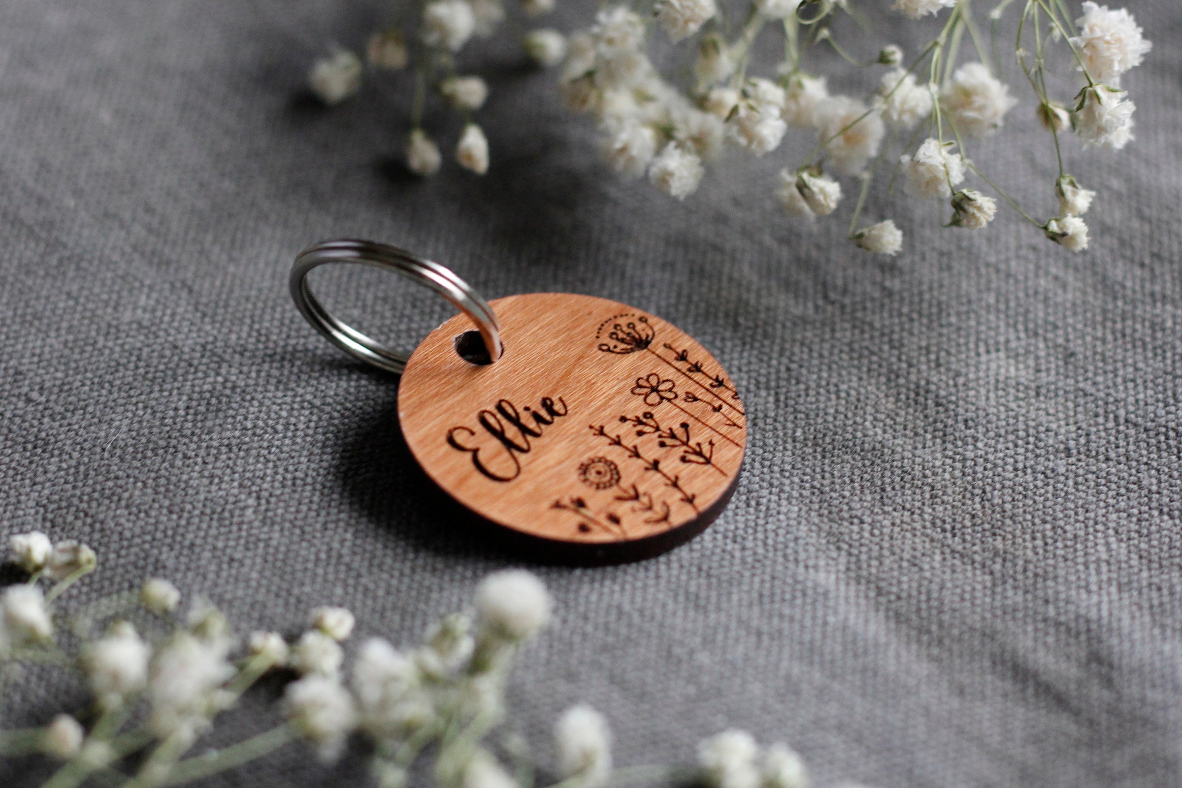 Flowers Wooden Dog ID Tag  FRONT: Engraved Dog Name & Flowers BACK: Your telephone number (optional)