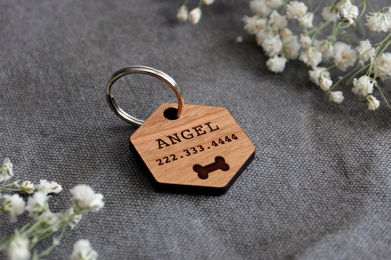 Hexagon Wooden Pet ID Tag with Bone Icon