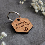 Hexagon Wooden Pet ID Tag with Peace Sign Icon