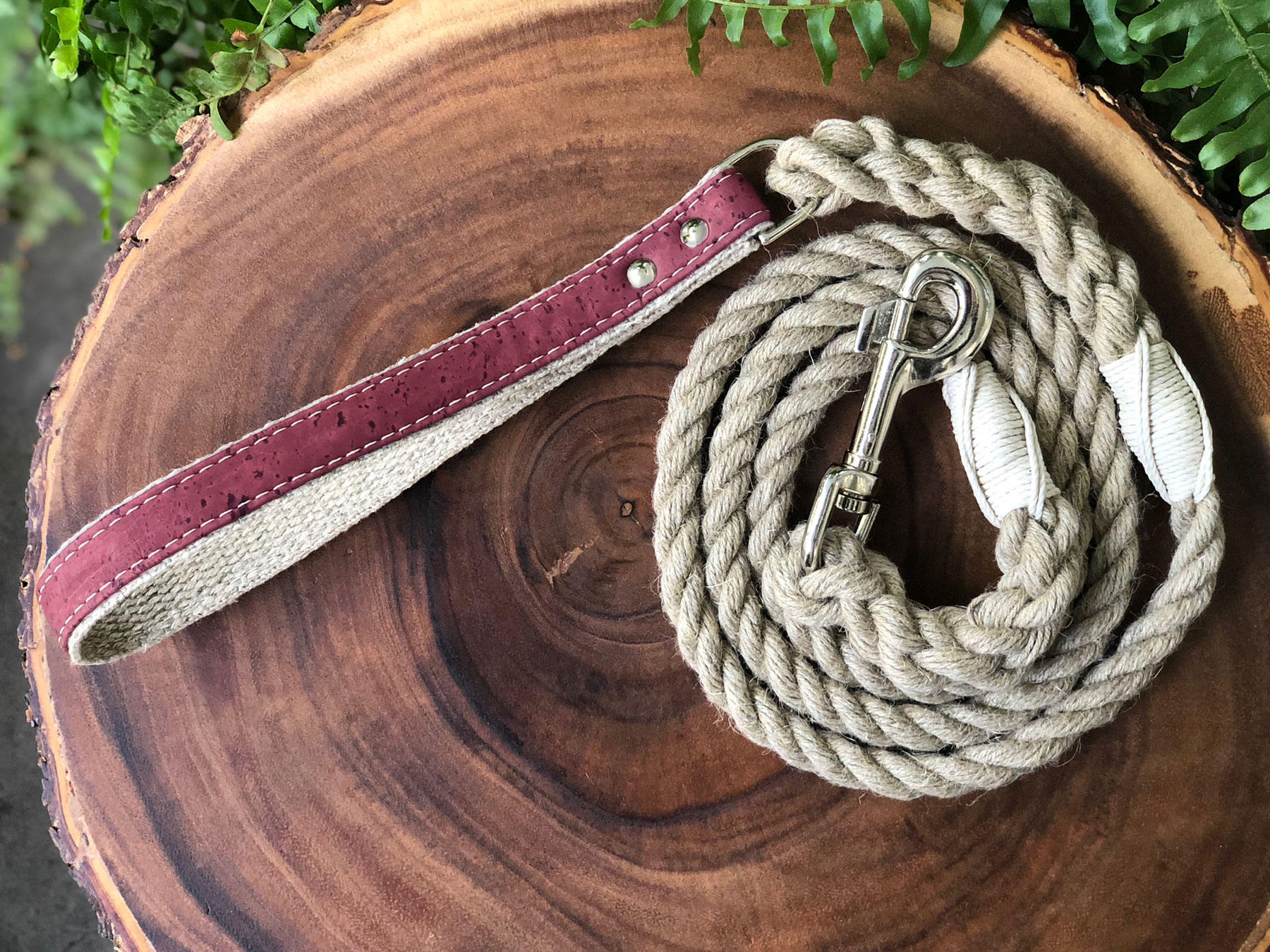 Hemp Rope Dog Leash with Pretty in Pink Cork Leather Handle