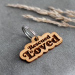 Rescued & Loved Badge Style Engraved Wooden Pet Tag Cherry