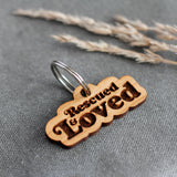 Rescued & Loved Badge Style Engraved Wooden Pet Tag Cherry