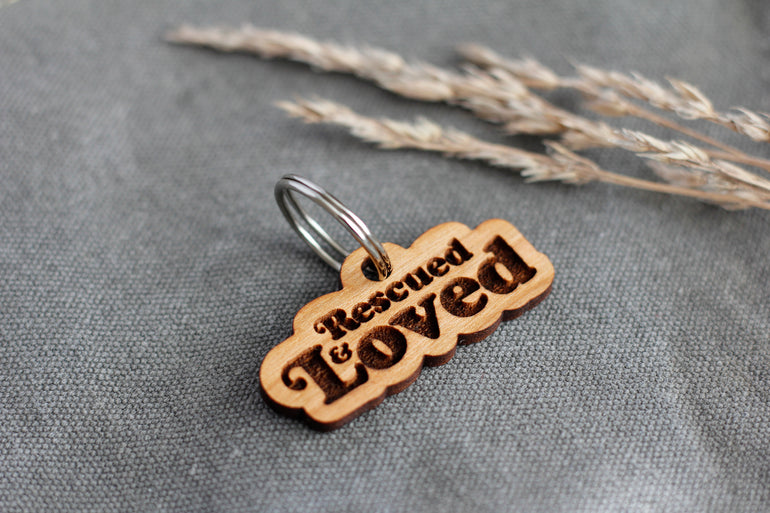 Rescued & Loved Badge Style Engraved Wooden Pet Tag Cherry