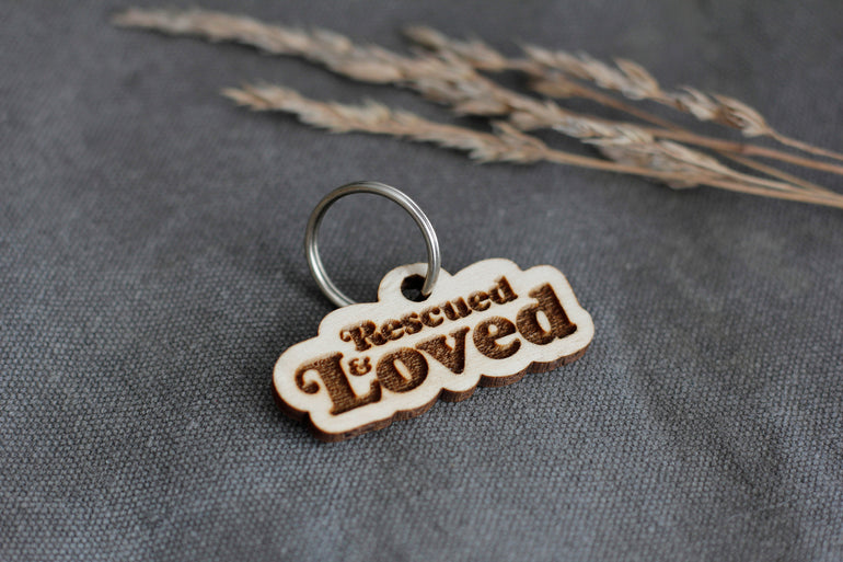 Rescued & Loved Badge Style Engraved Wooden Pet Tag Bass