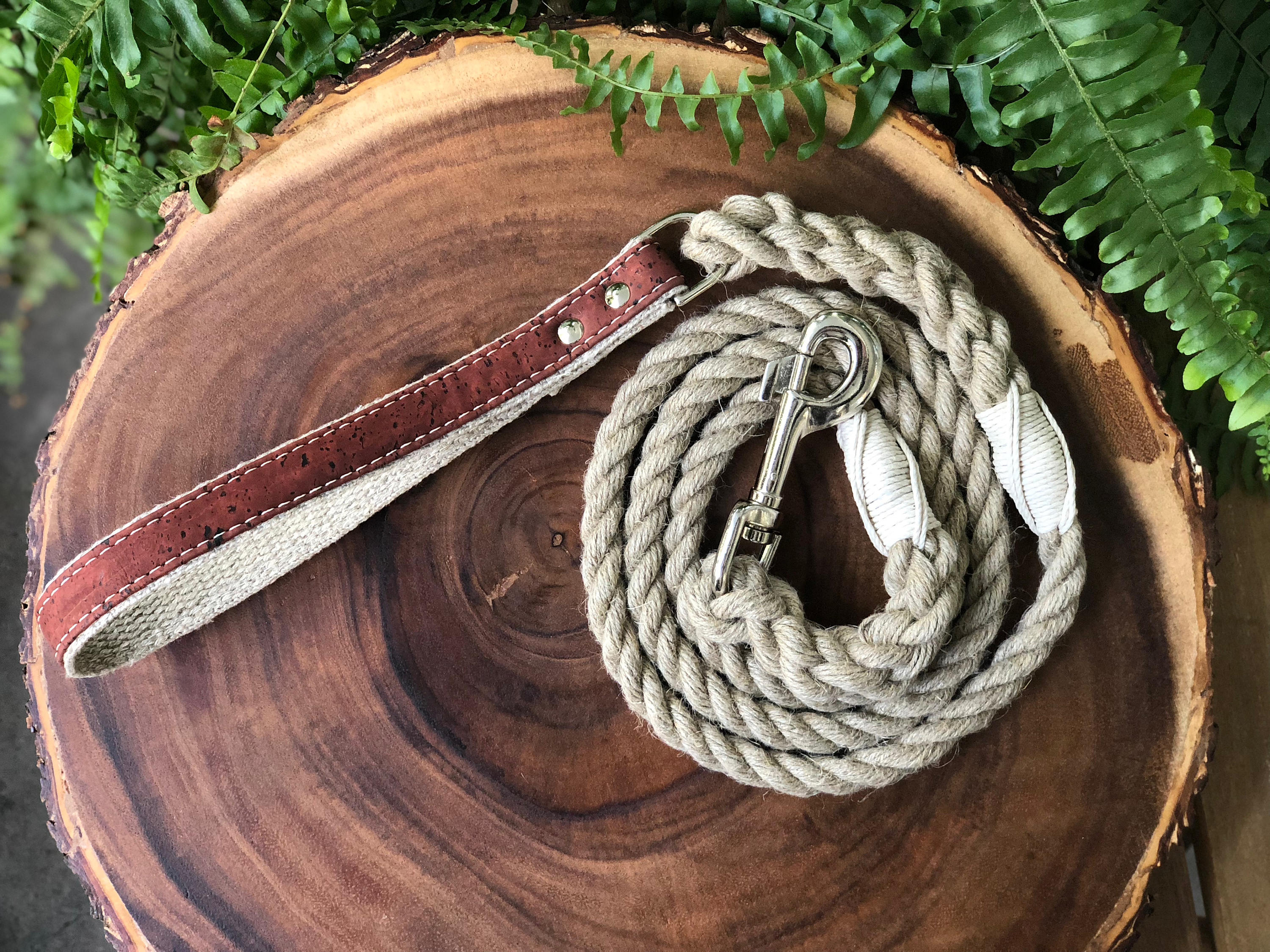 Hemp Rope Dog Leash with Sangria Red Cork Leather Handle
