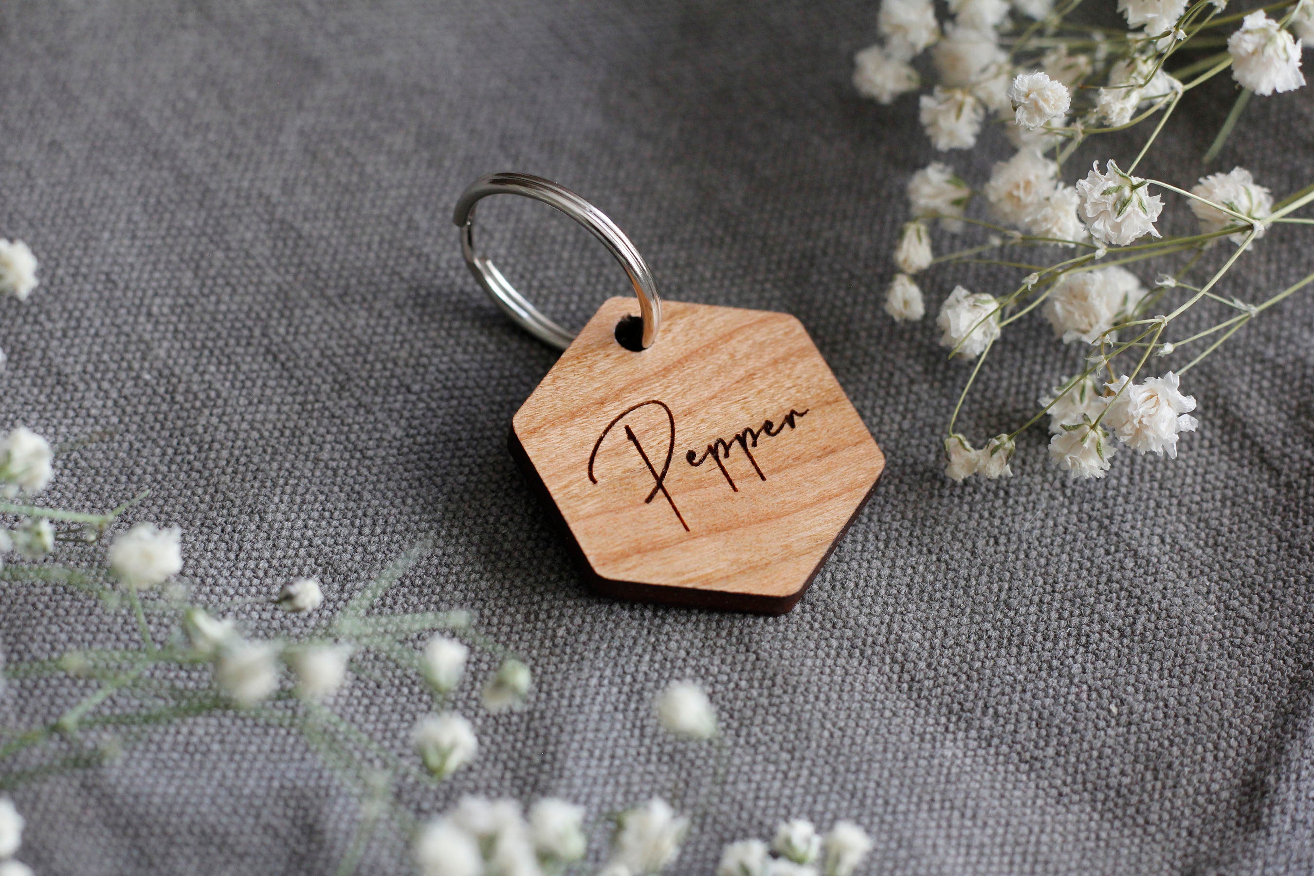 Script Font Hexagon Wooden Pet Tag