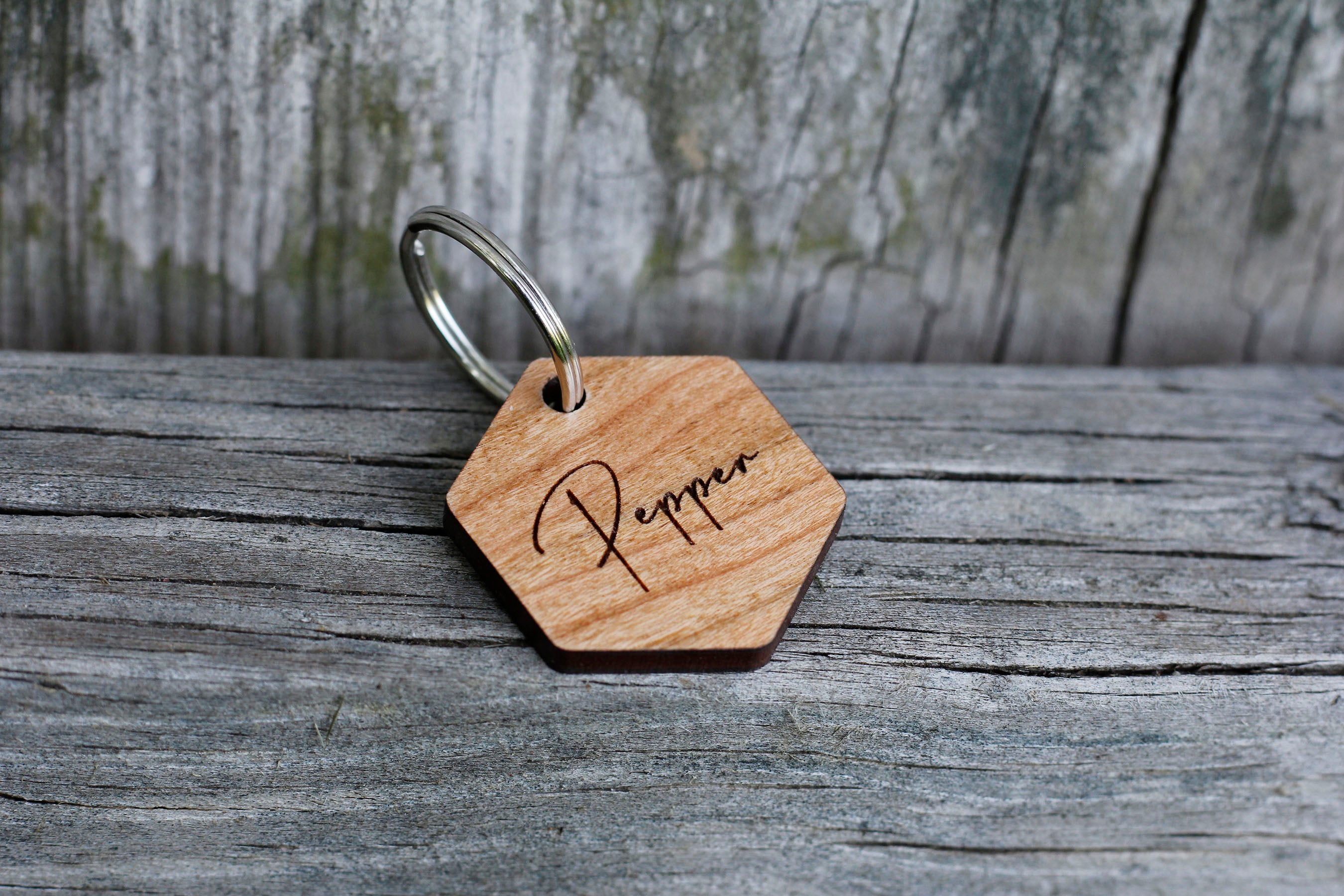 Script Font Hexagon Wooden Pet Tag