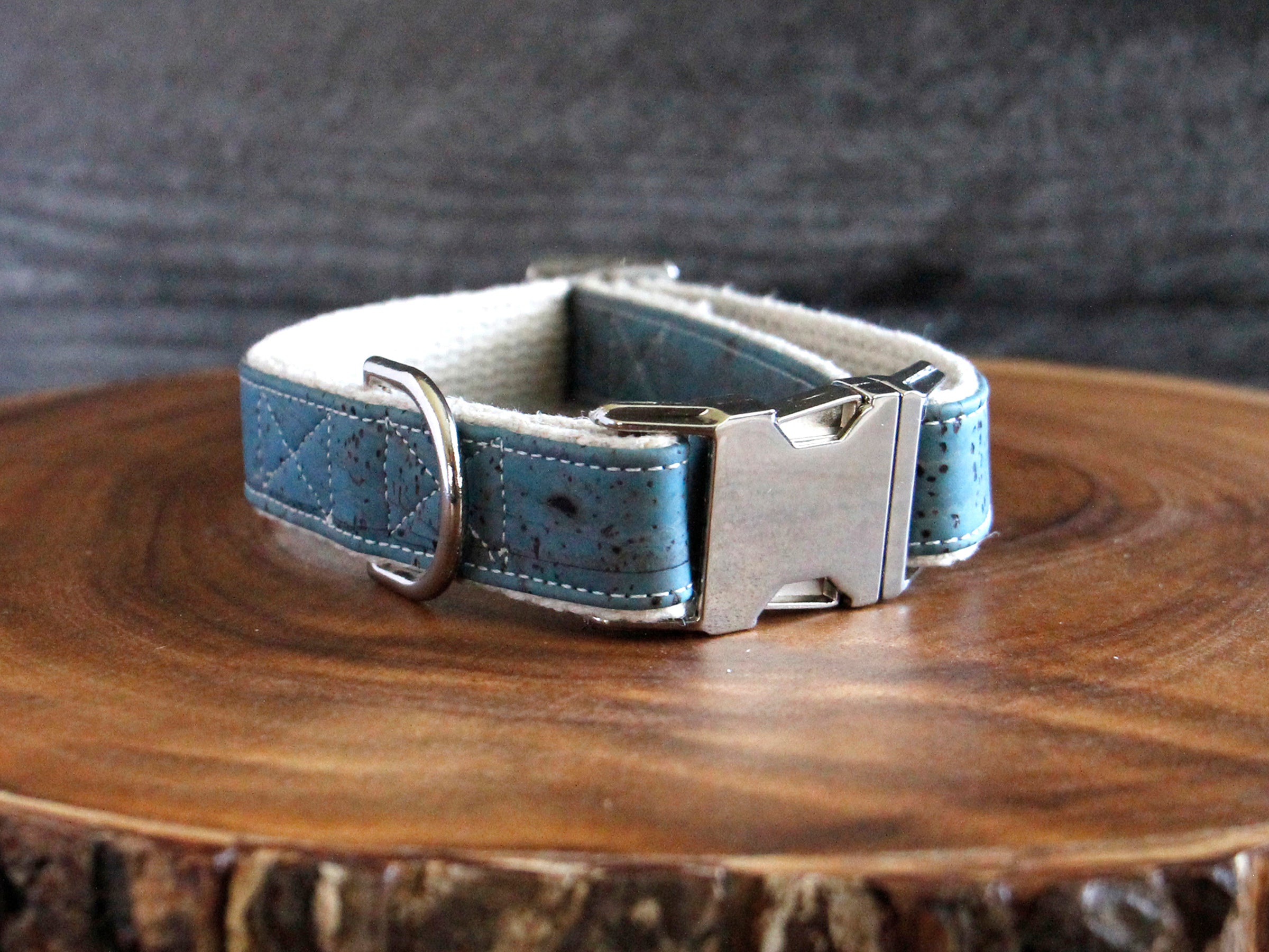 Signature Natural Cork Leather Dog Collar Ocean Blue