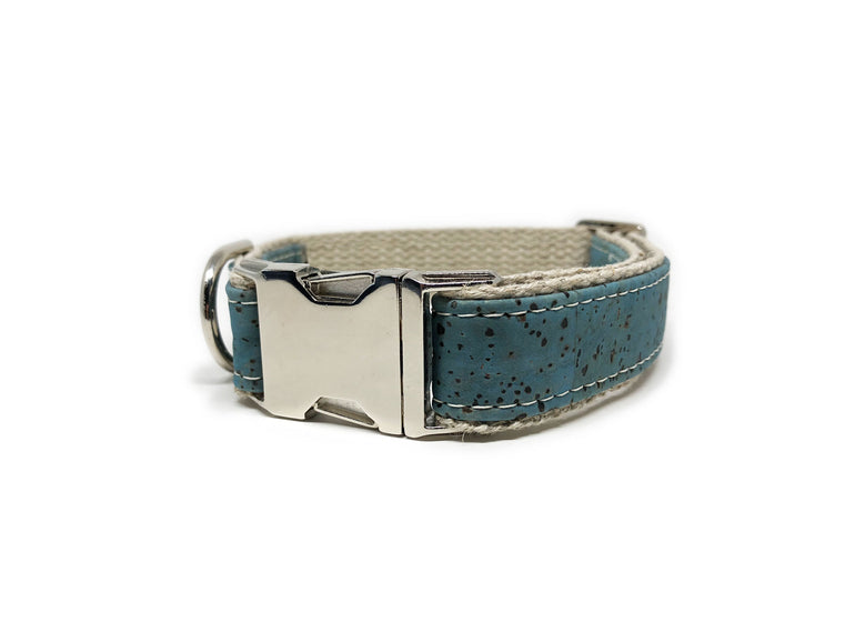 Studded Signature Cork Leather Dog Collar Ocean Blue