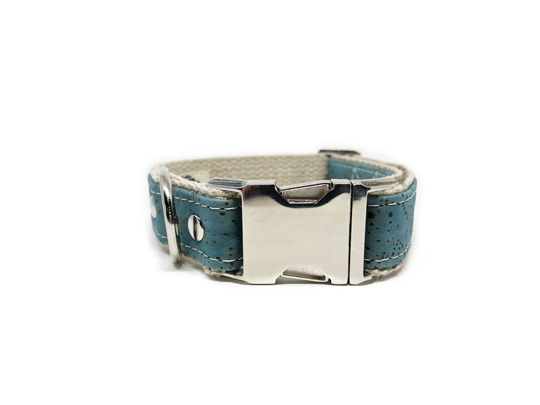 Studded Signature Cork Leather Dog Collar Ocean Blue
