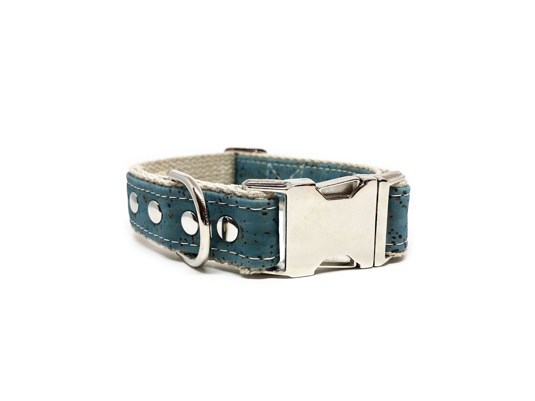 Studded Signature Cork Leather Dog Collar Ocean Blue