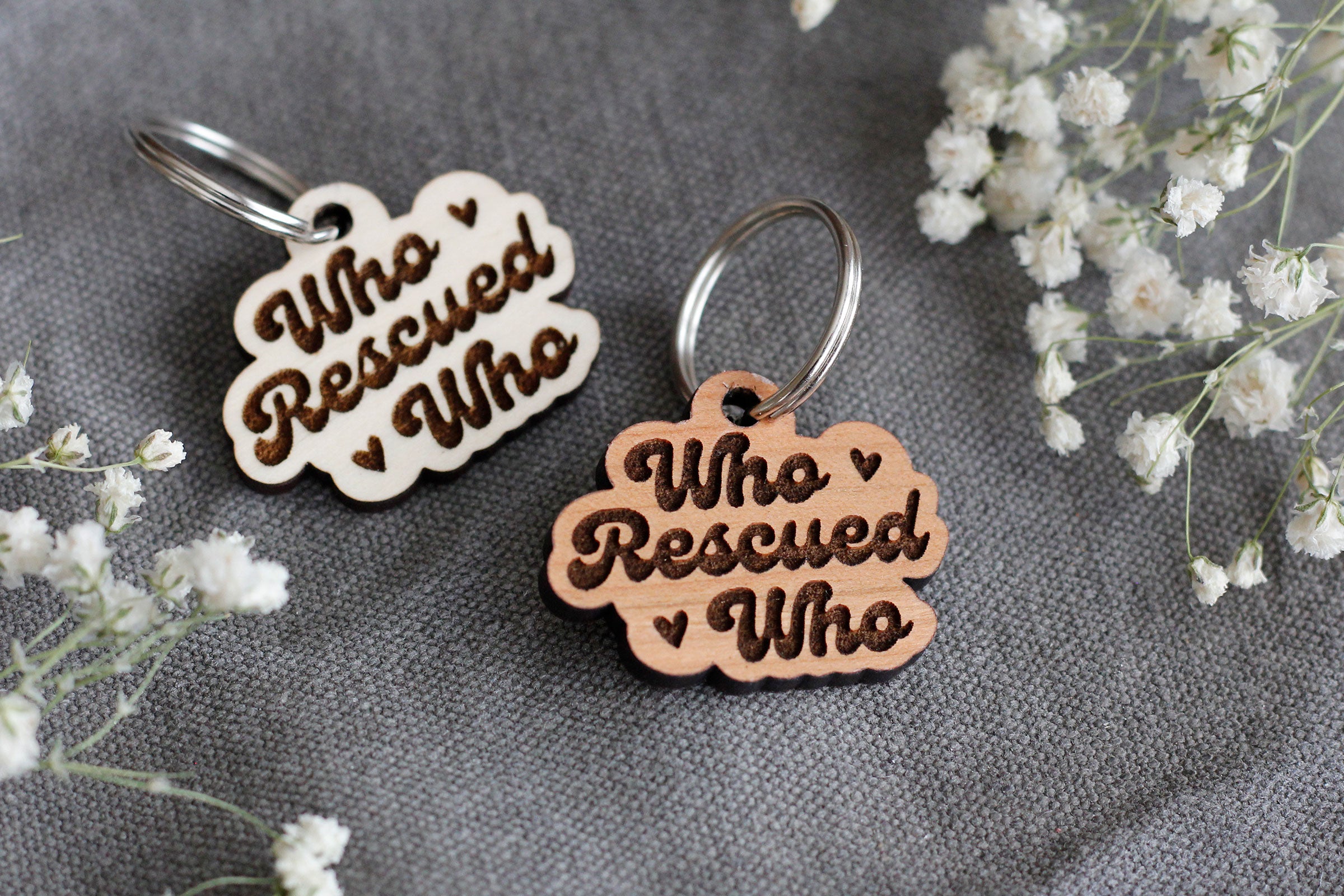 Who Rescued Who Badge Style Engraved Wooden Pet Tag