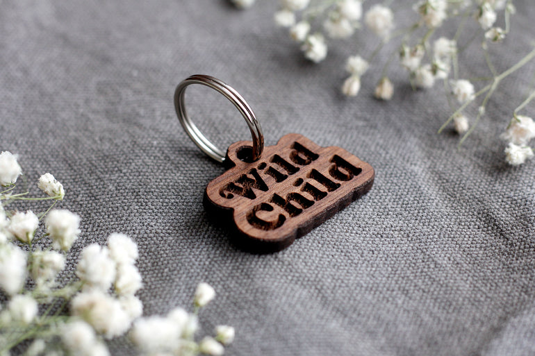 Wild Child Badge Style Engraved Wooden Pet Tag Walnut