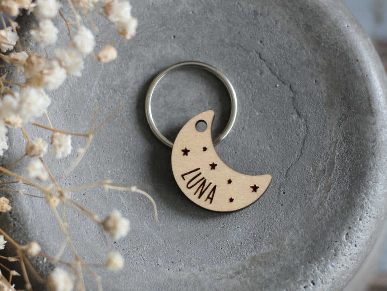 Moon Wooden Cat ID Tag