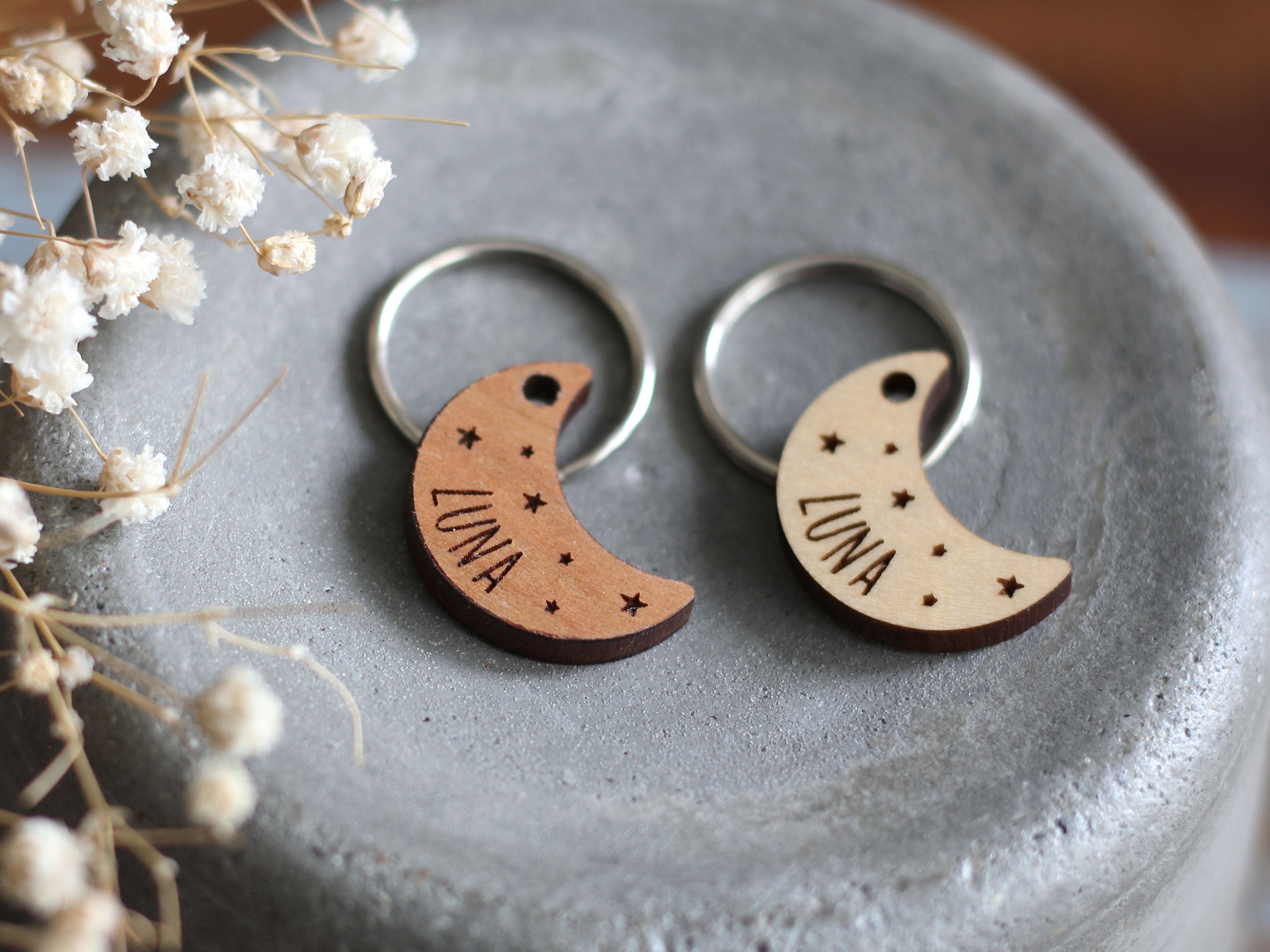 Moon Wooden Cat ID Tag