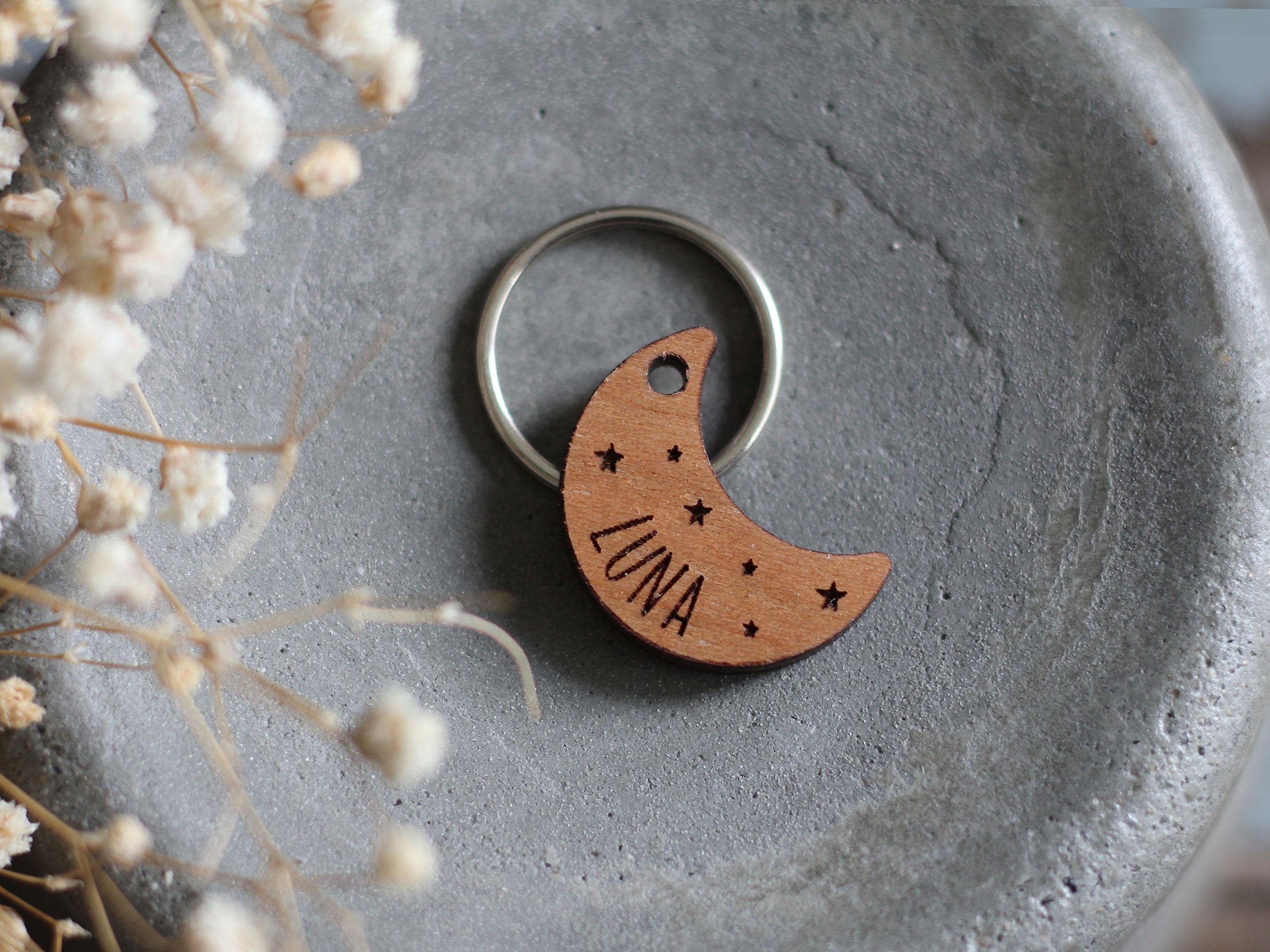 Moon Wooden Cat ID Tag
